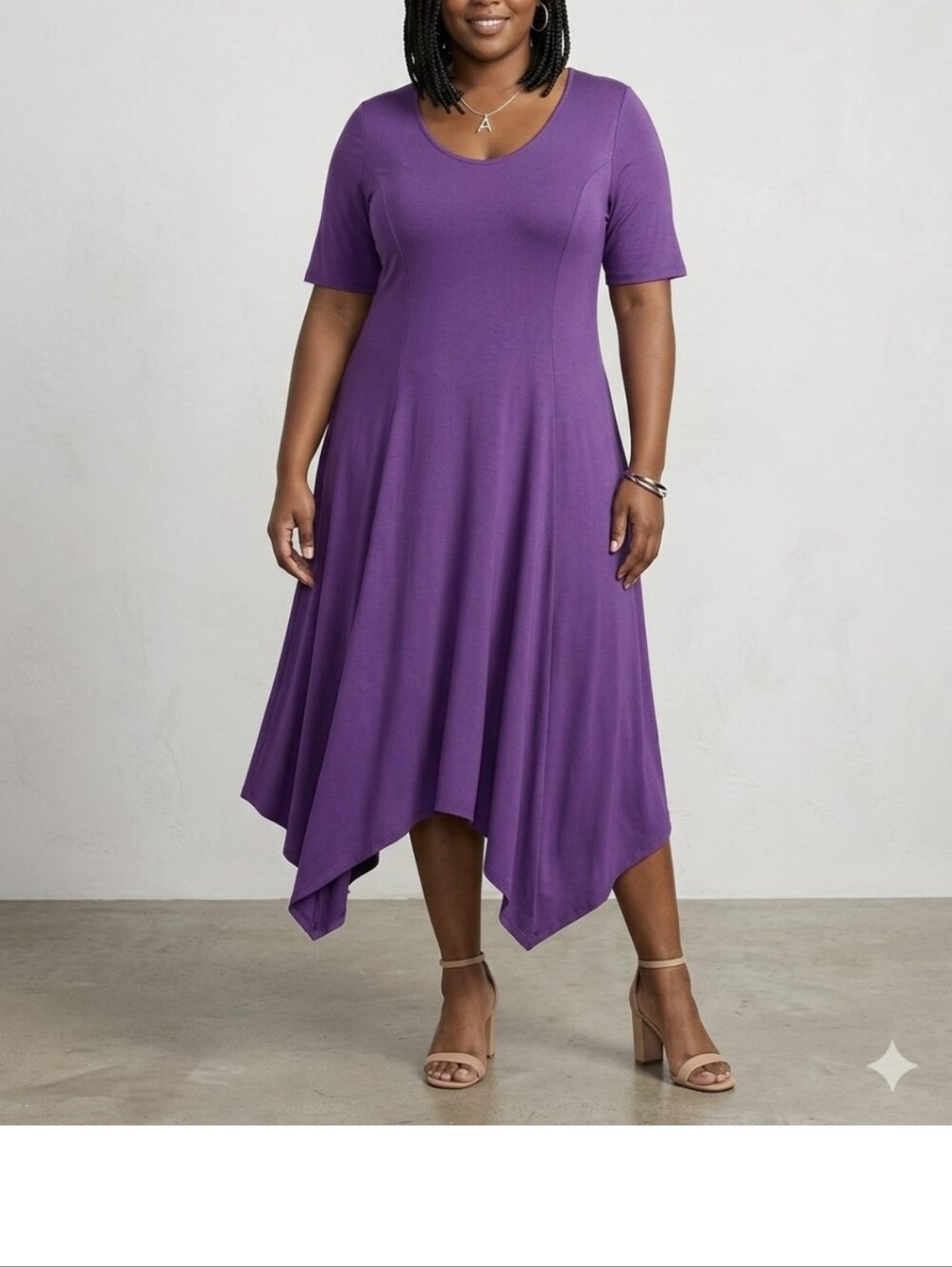 Ashley Stewart Dress Size 12W Purple Magic Sharkbite Hem Short Sleeve NWT $54.50